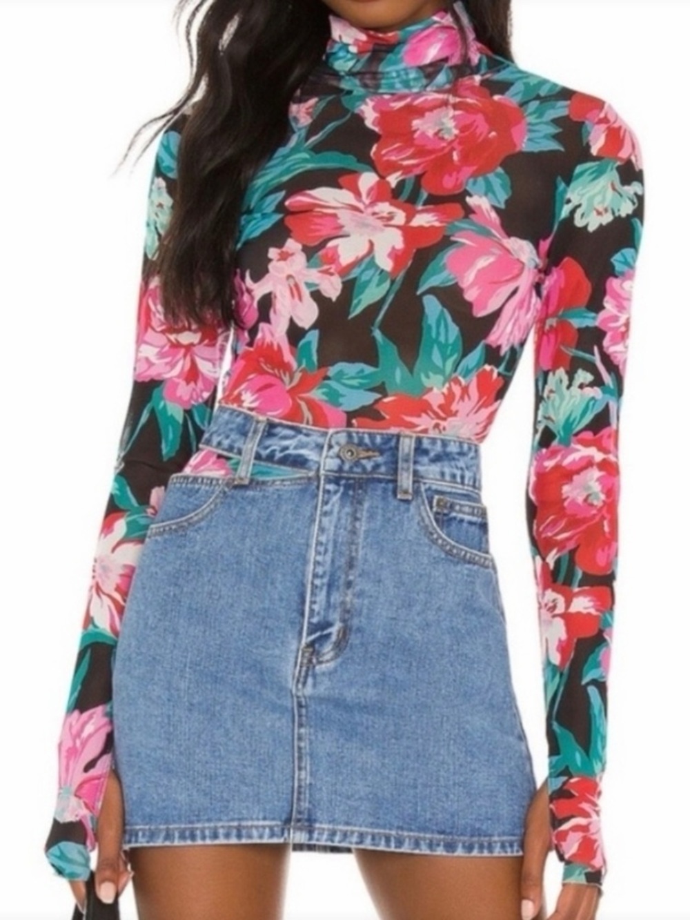 AFRM Floral Mock Neck Long Sleeve Top - Pink, Green, Black